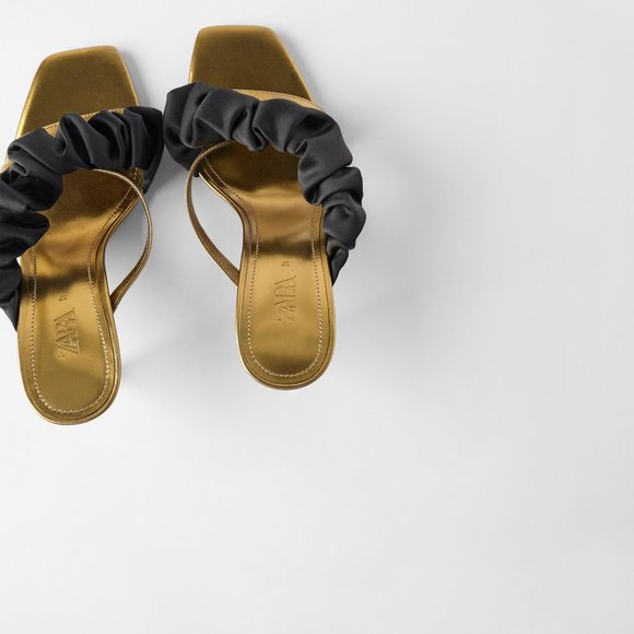 ZARA 100% LEATHER BLUE COLLECTION RUFFLE GOLD MULE HEELS NEW WITH TAGS US 6.5 - Picture 5 of 7